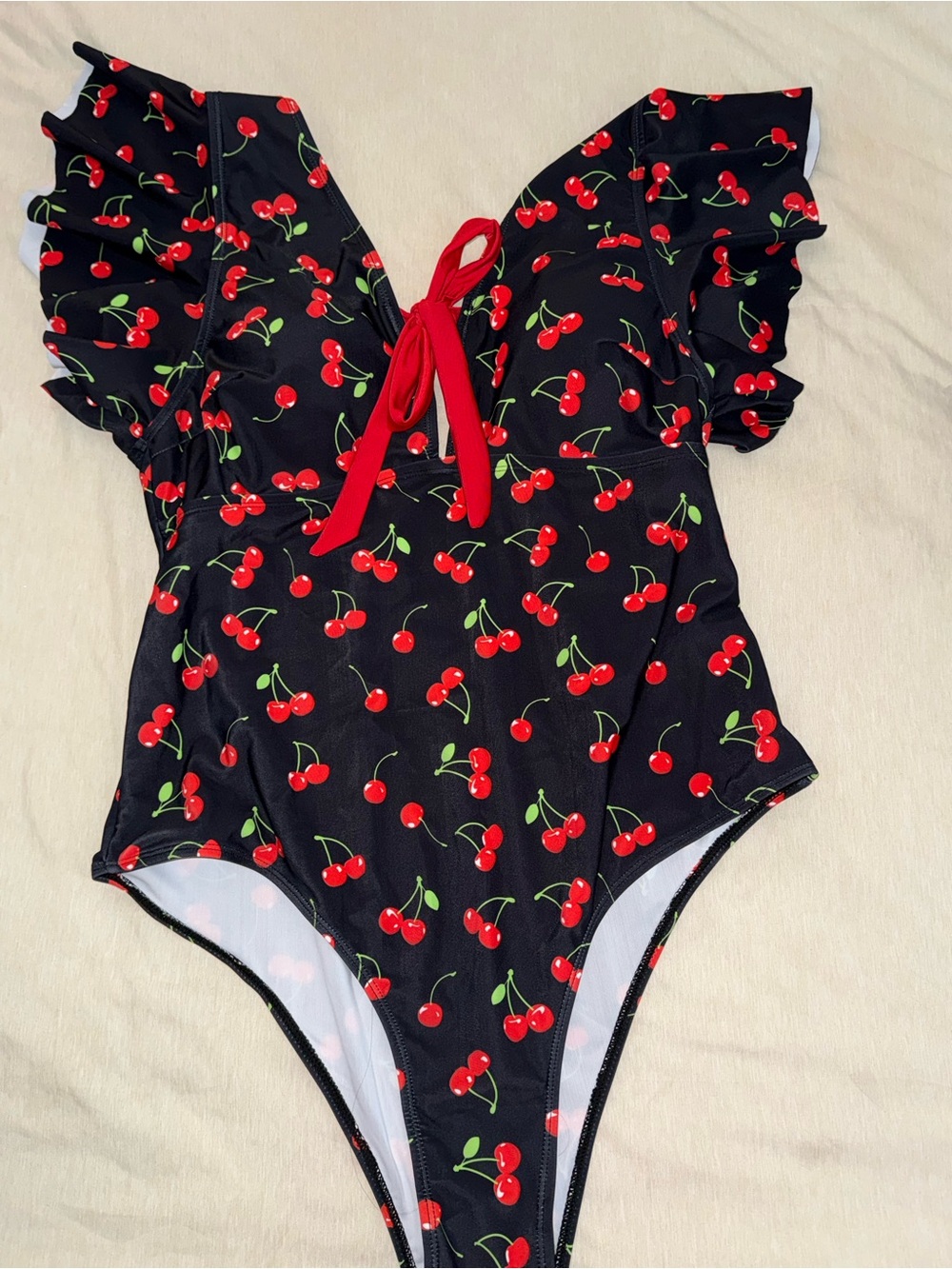 Black Cherry Print One-Piece Swimsuit with Red Tie